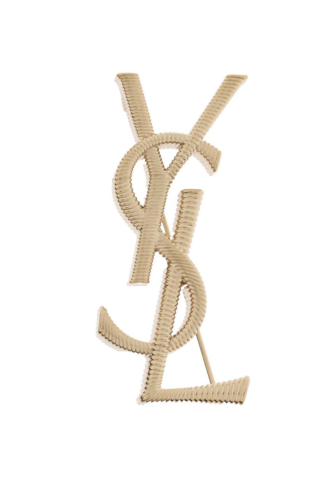 Shop Saint Laurent Cassandre Logo Engraved Brooch In Oro