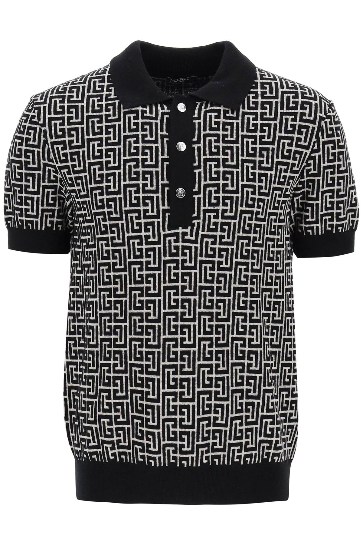 Shop Balmain Knitted Polo Shirt With Monogram In Nero E Beige