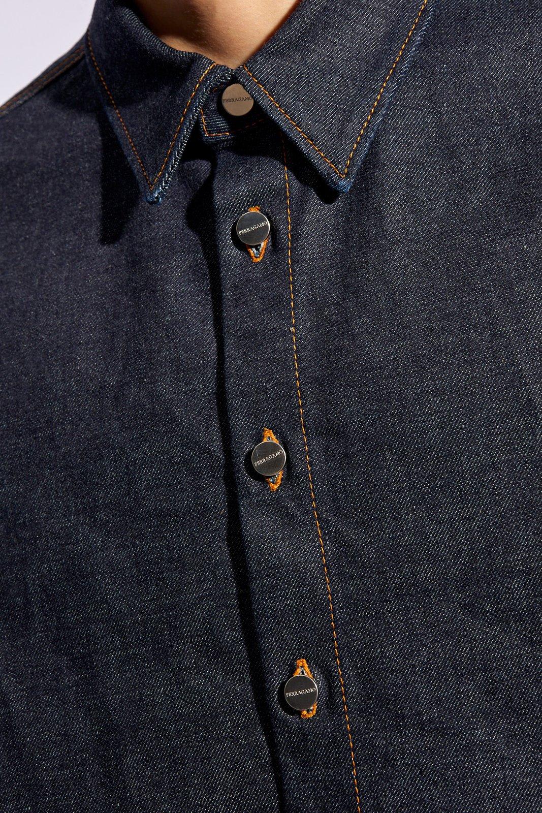 Shop Ferragamo Long-sleeved Denim Shirt In Blue