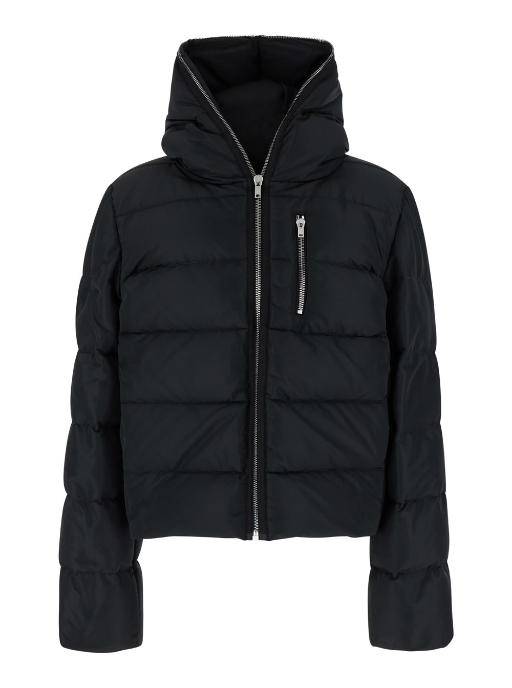 Rick Owens Black Cropped Hooded Down Jacket With Zip In Tech Fabric Man In Black