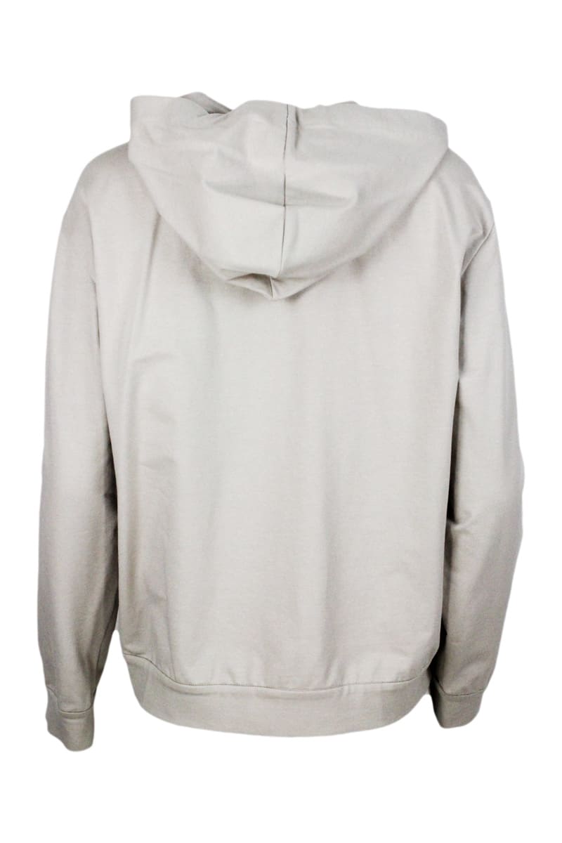 Shop Brunello Cucinelli Stretch Cotton Sweatshirt With Hood And Jewel On The Zip Puller In Beige