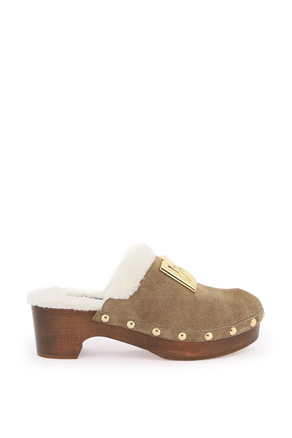 Shop Dolce & Gabbana Suede And Faux Fur Clogs With Dg Logo. In Marrone Bianco (brown)