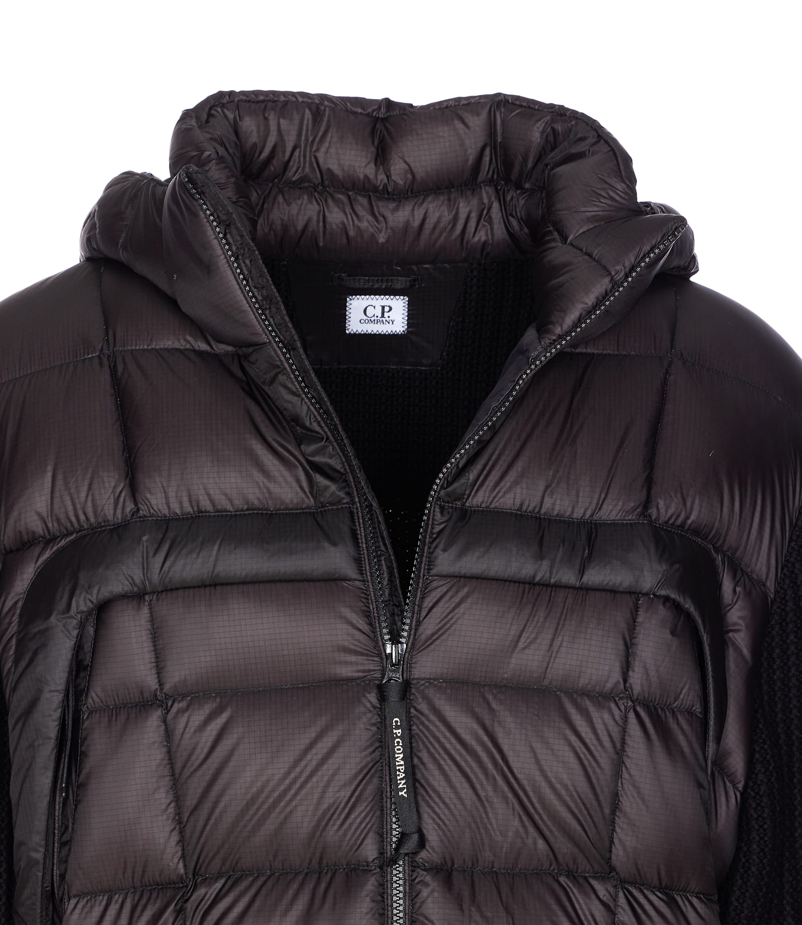 C.p. Company Black Wool Knit Jacket With Padded Hood In Black