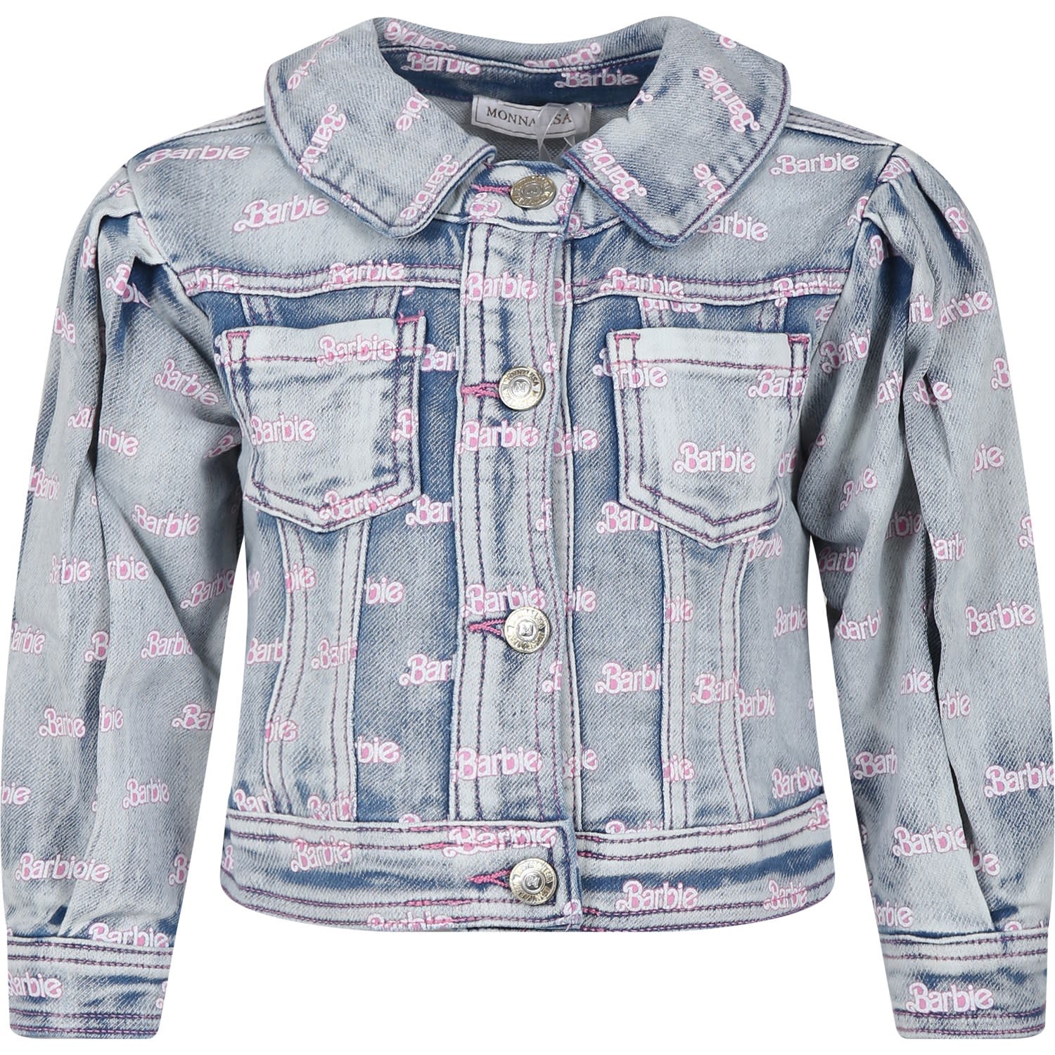 Monnalisa Kids' Blue Jacket For Girl With All-over Writing In Denim