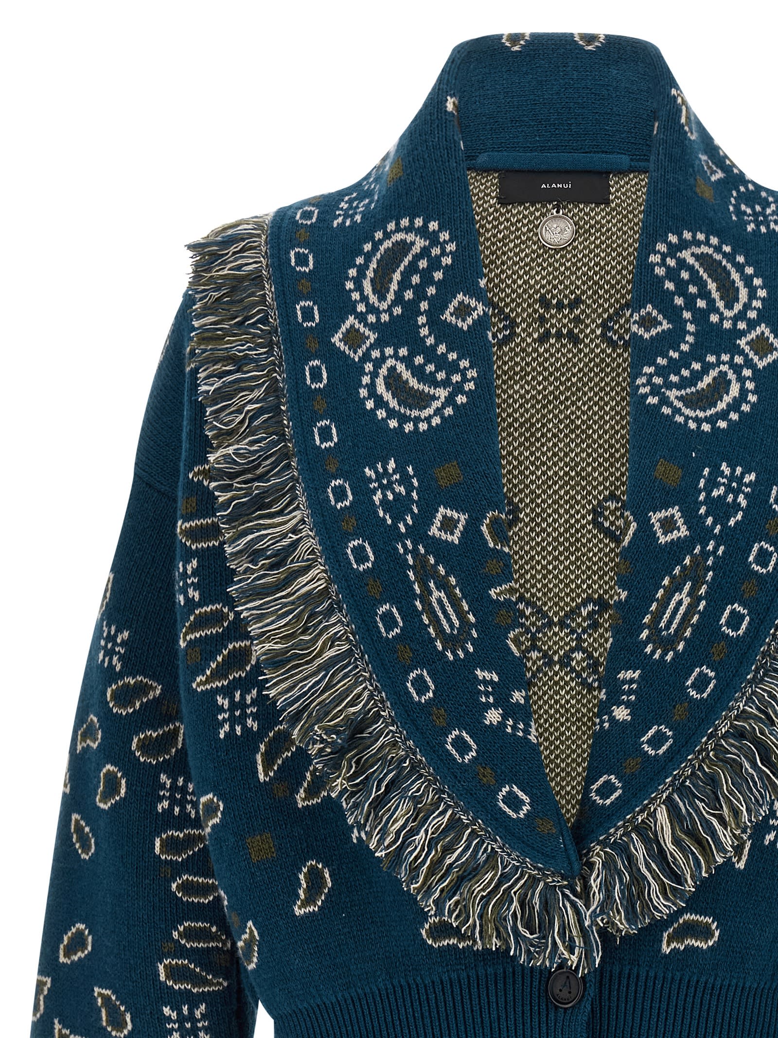Alanui Thistle Fringe Patterned Bomber Knitwear In Blue