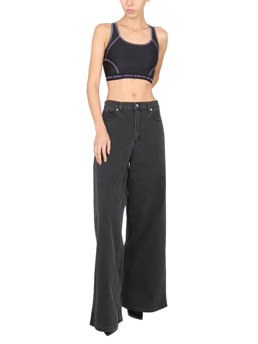 Versace Jeans Couture Logo Band Crop Top With Contrast Stitching In Black