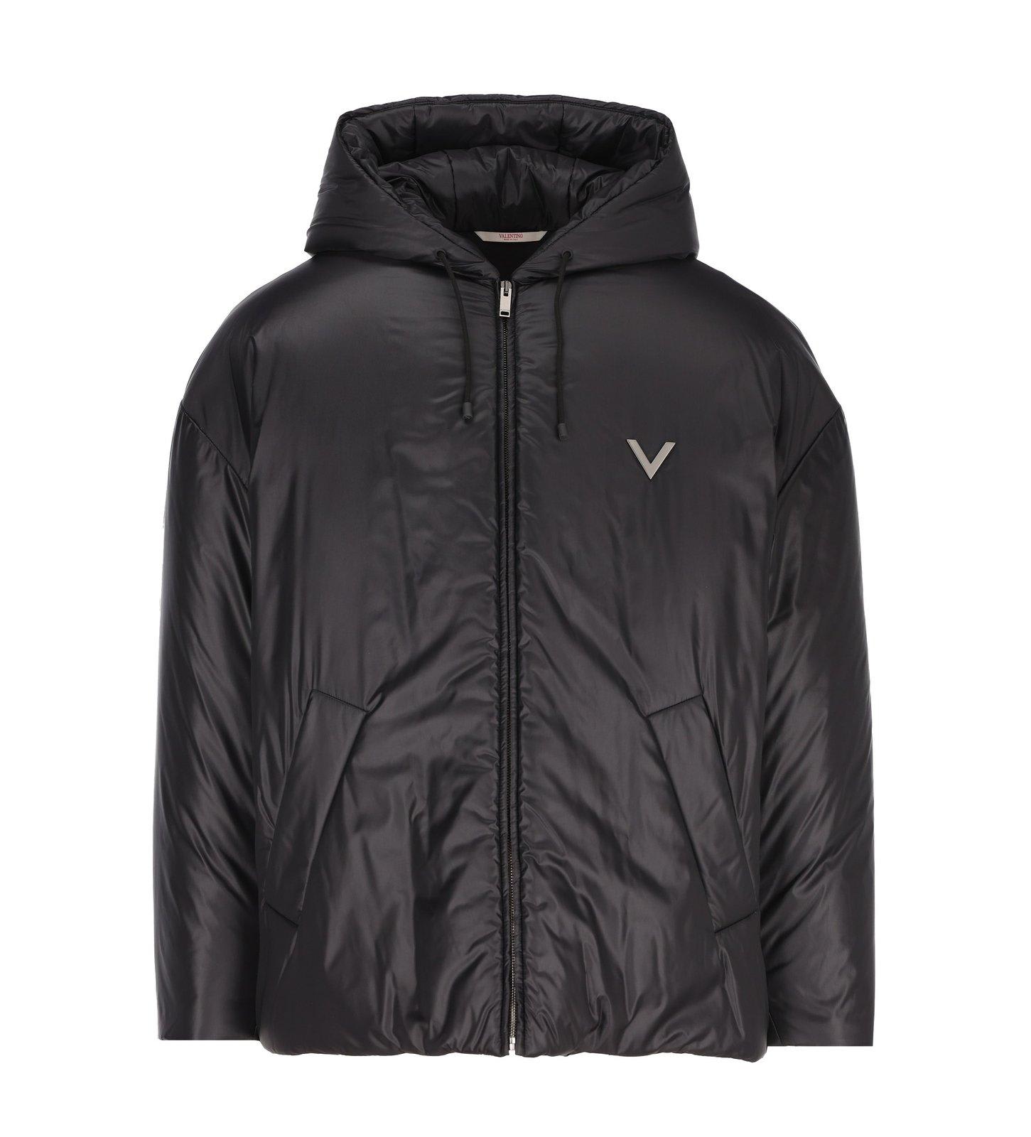 Shop Valentino Zip-up Drawstring Padded Coat In Black