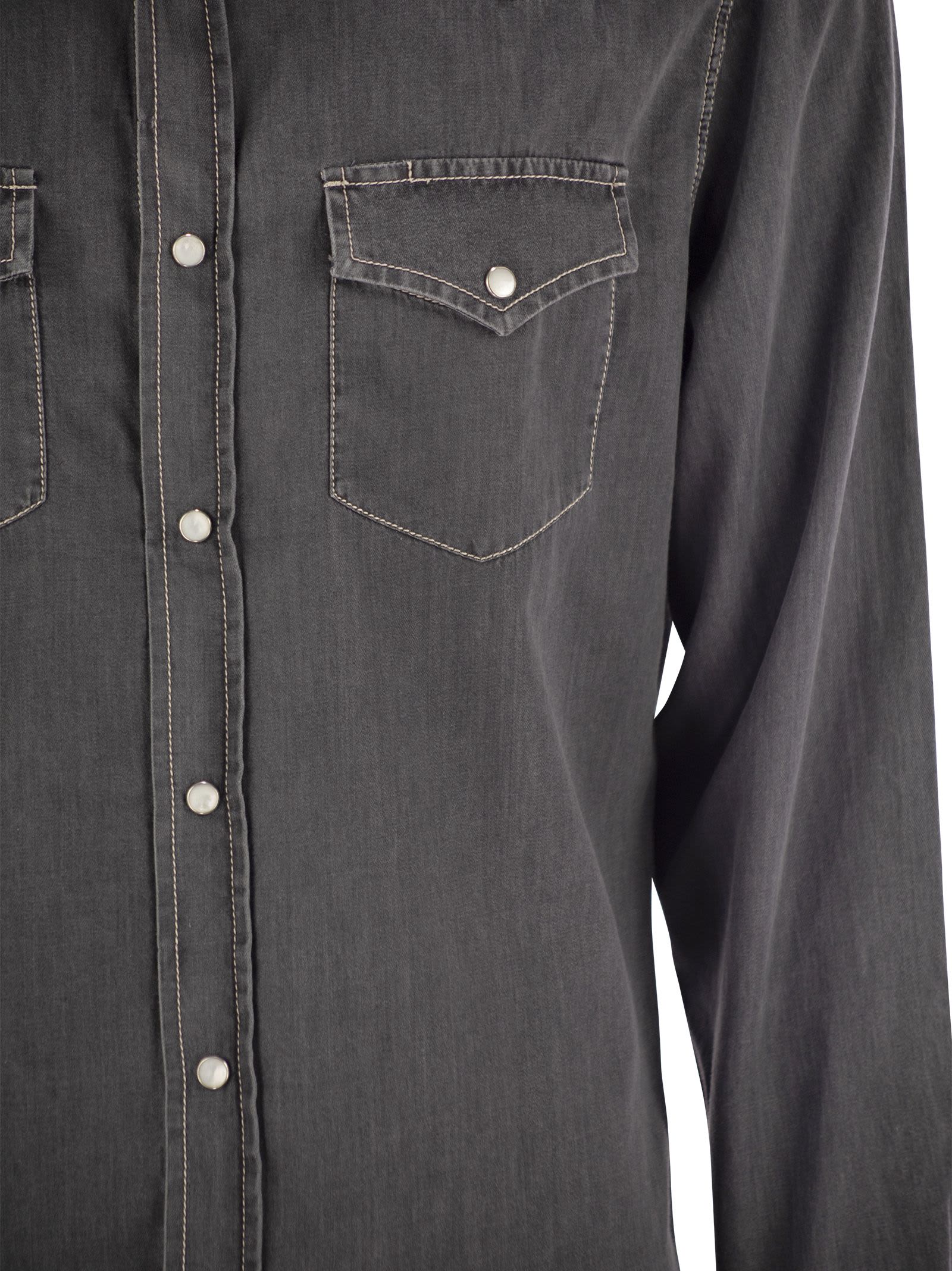 Shop Brunello Cucinelli Easy Fit Shirt In Light Denim With Press Studs In Grey