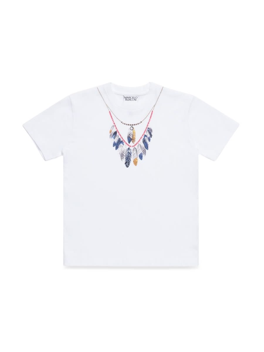 Marcelo Burlon County Of Milan Kids' Double Chain Feather Tee S/s In White