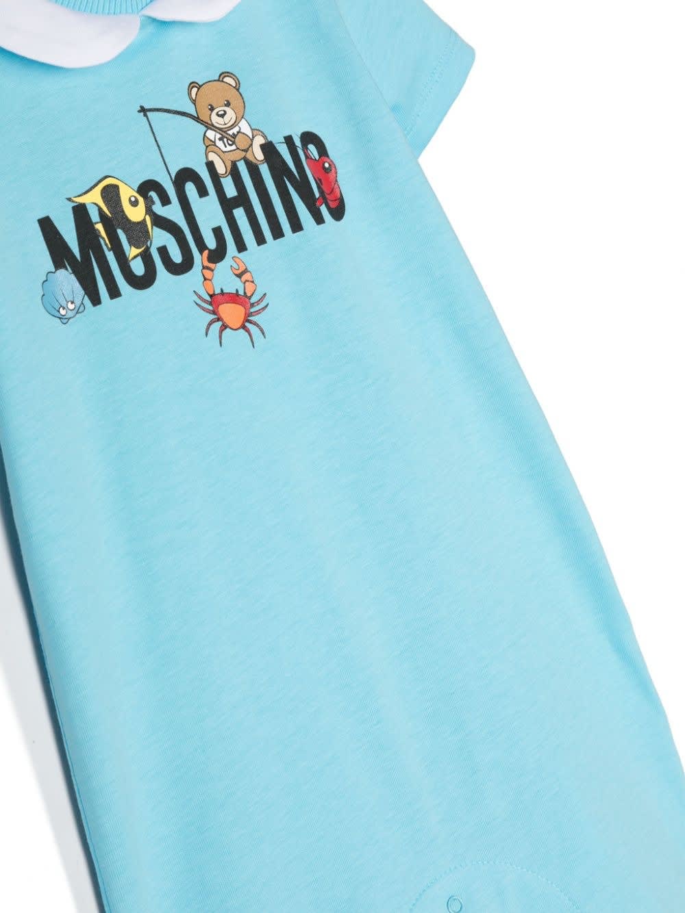 Moschino Babies' Short Light Blue Playsuit With Logo And Teddy Bear With Fish