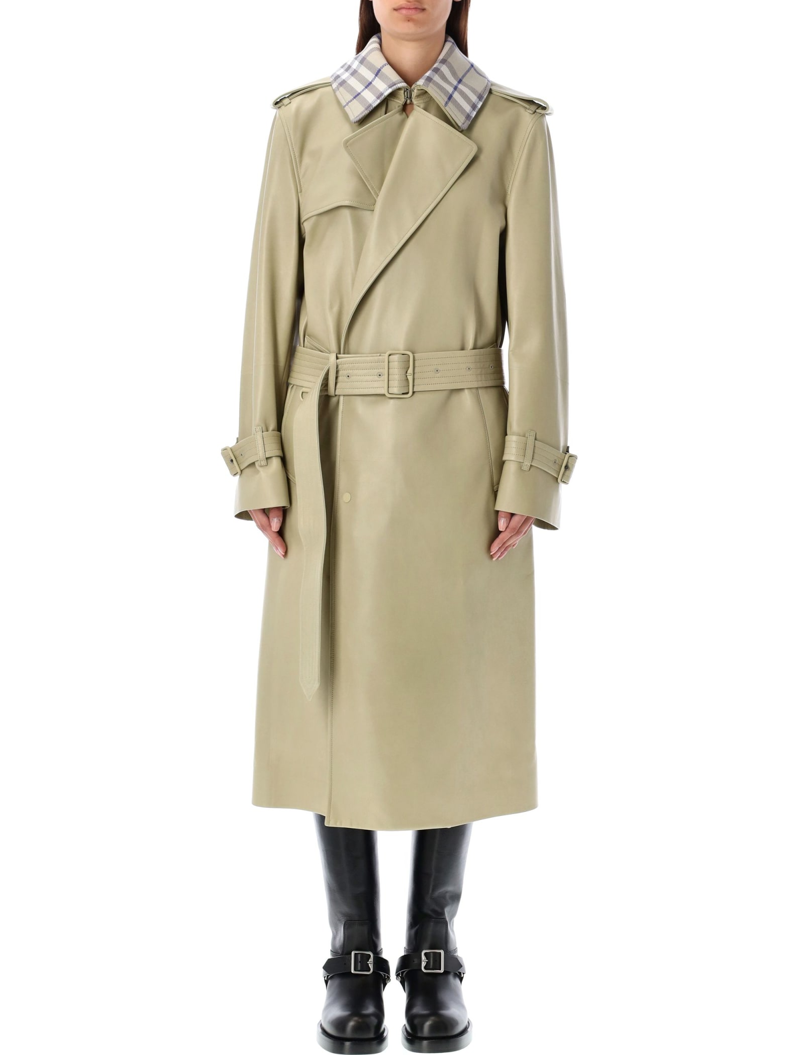 Burberry Long Leather Trench Coat In Neutral