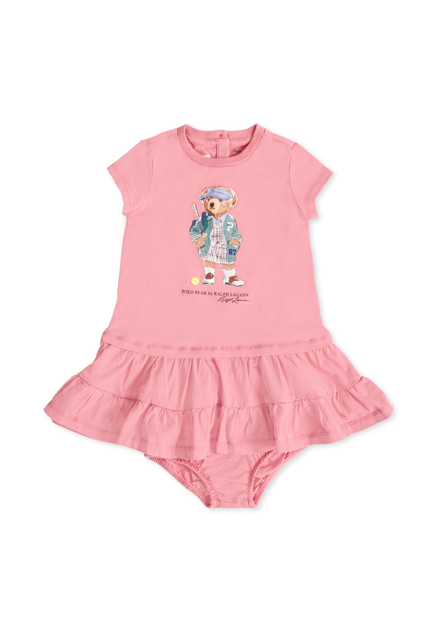 Ralph Lauren Pink Dress For Baby Girl With Polo Bear In Pink