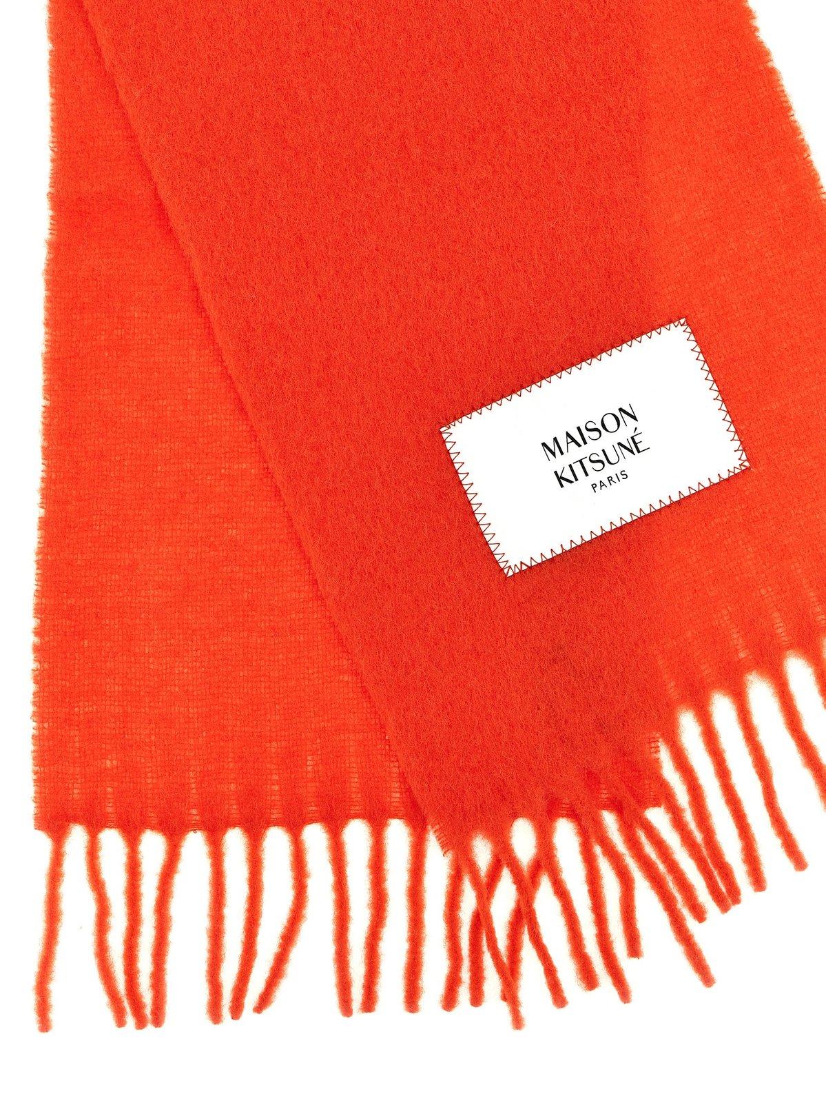 Shop Maison Kitsuné Logo-patch Knit Fringed Scarf In Red