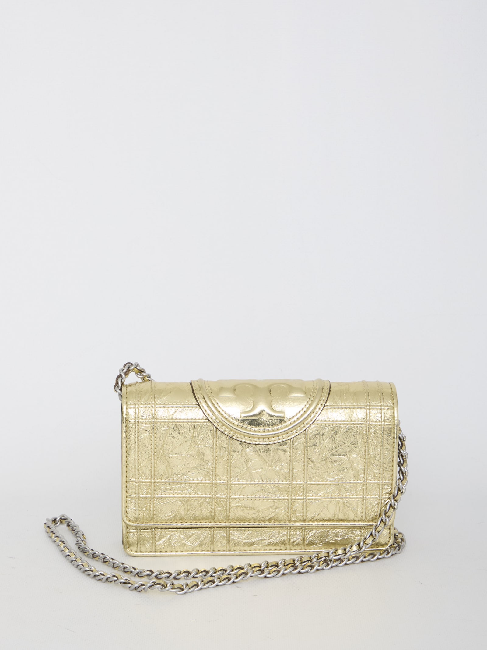 Shop Tory Burch Fleming Soft Metallic Square Quilt Chain Wallet Bag In Gold