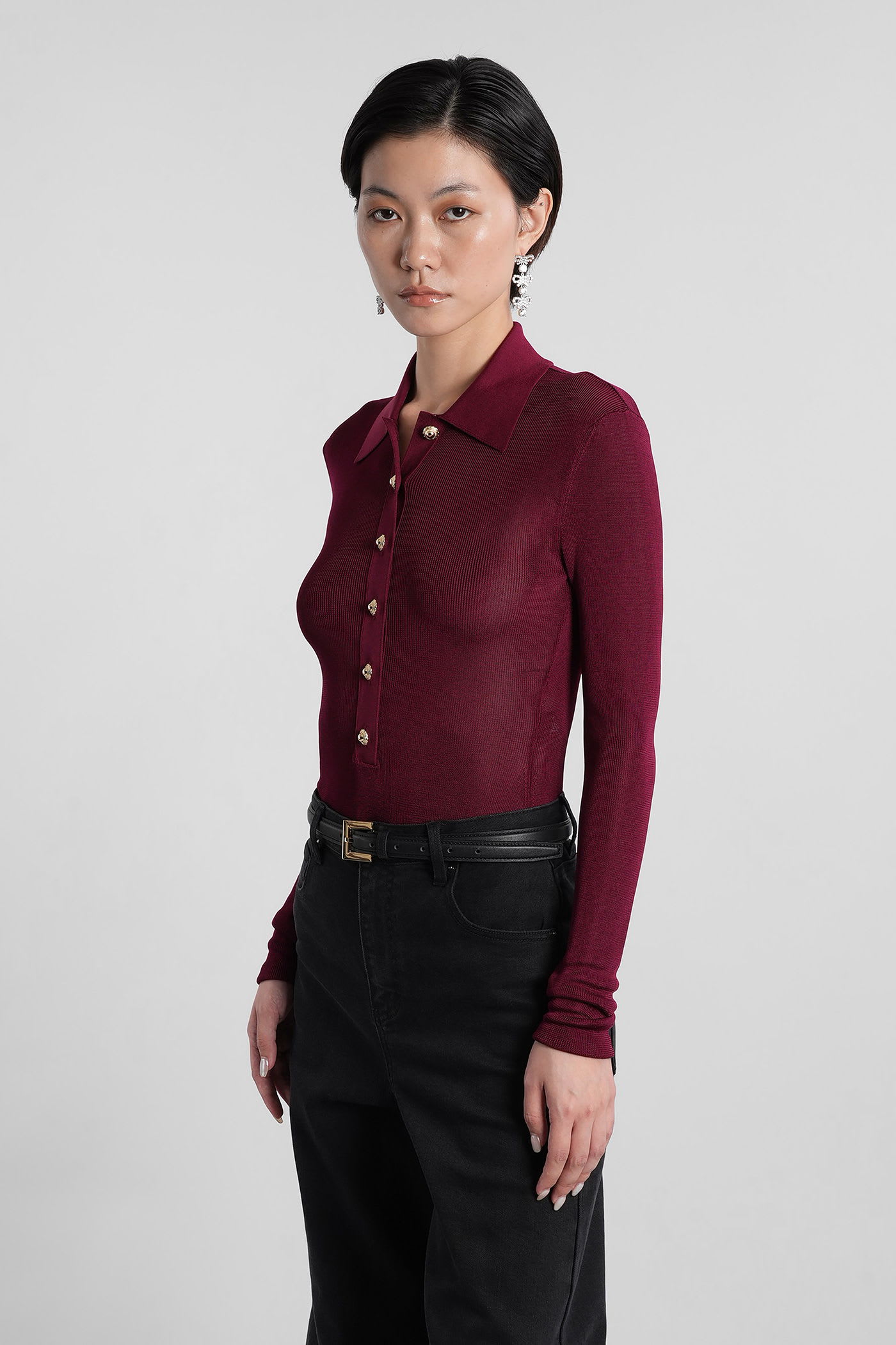 Self-portrait Bordeaux Viscose Bodysuit With Classic Collar In Red