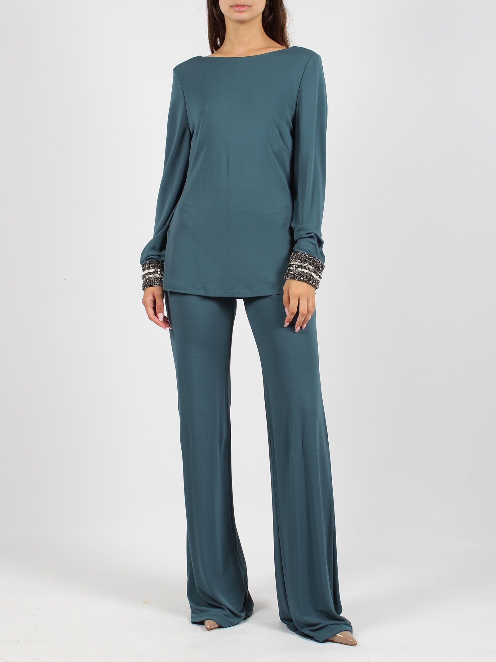 Shop Alberta Ferretti Embroidered Cuffs Jersey Top In Blue