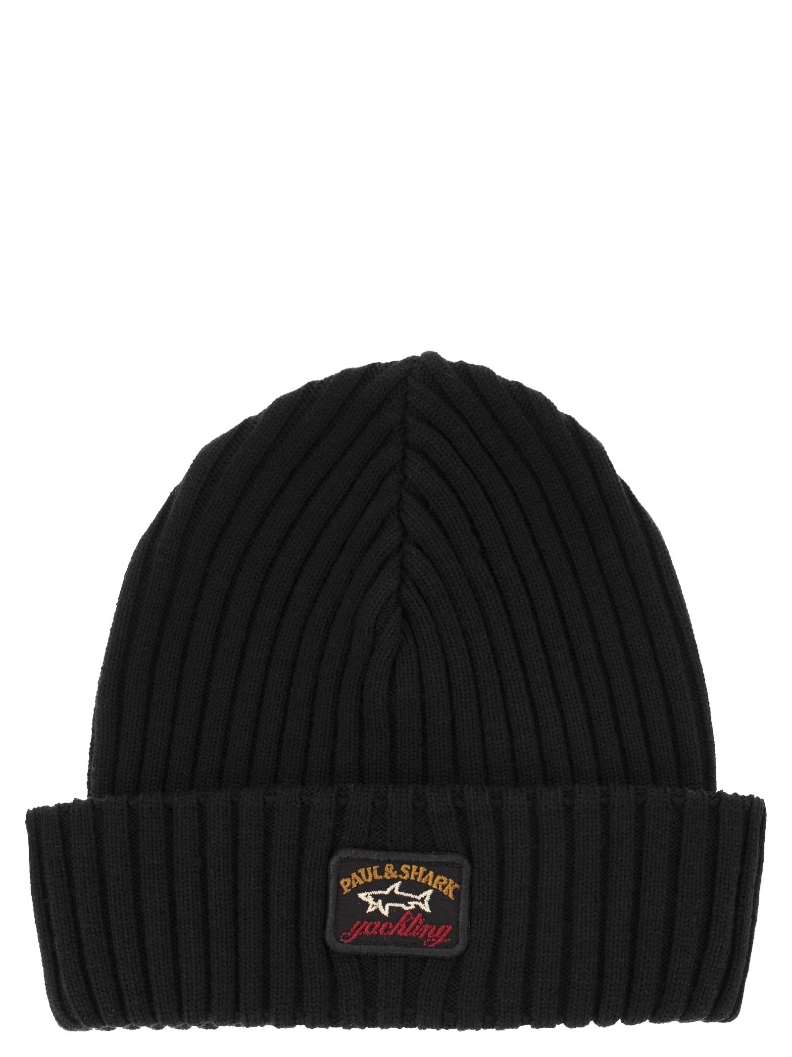 Shop Paul&amp;shark Iconic Coin Badge Ribbed Wool Hat In Black