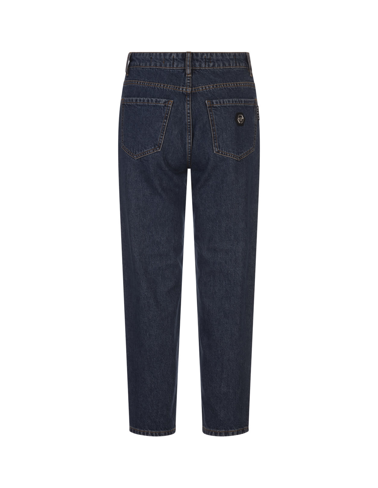 Shop Philipp Plein Crystal Heart Denim Mom Fit Trousers In Deep Sea Blue