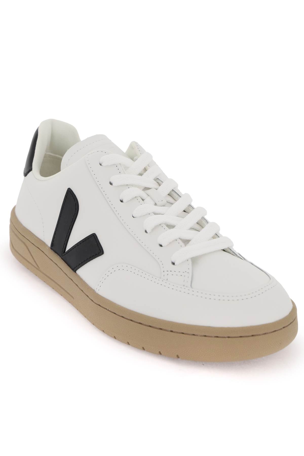 Shop Veja Leather V-12 Sneakers In Extra White Black Dune (white)