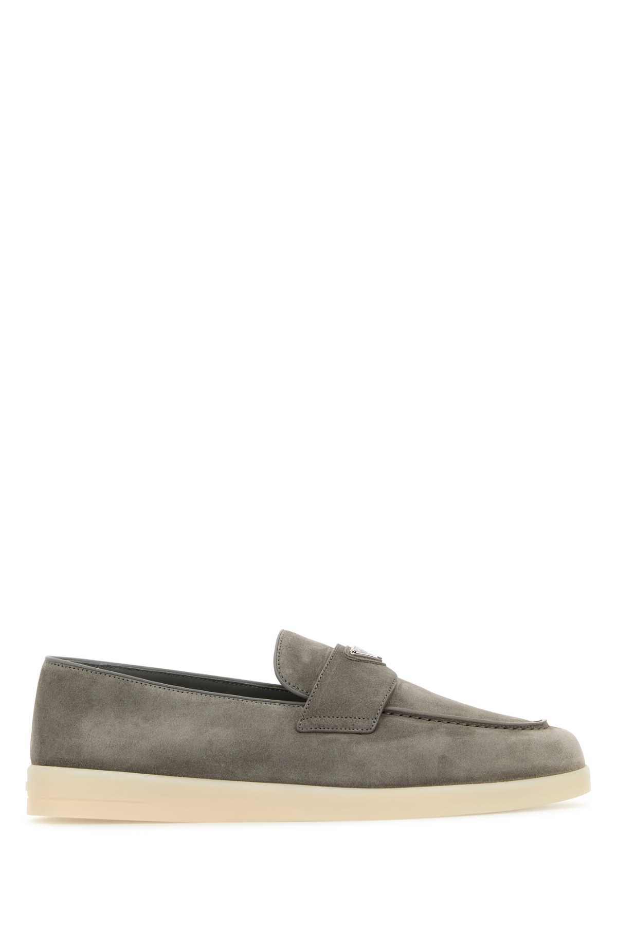 Shop Prada Grey Suede Loafers In Ghiaia