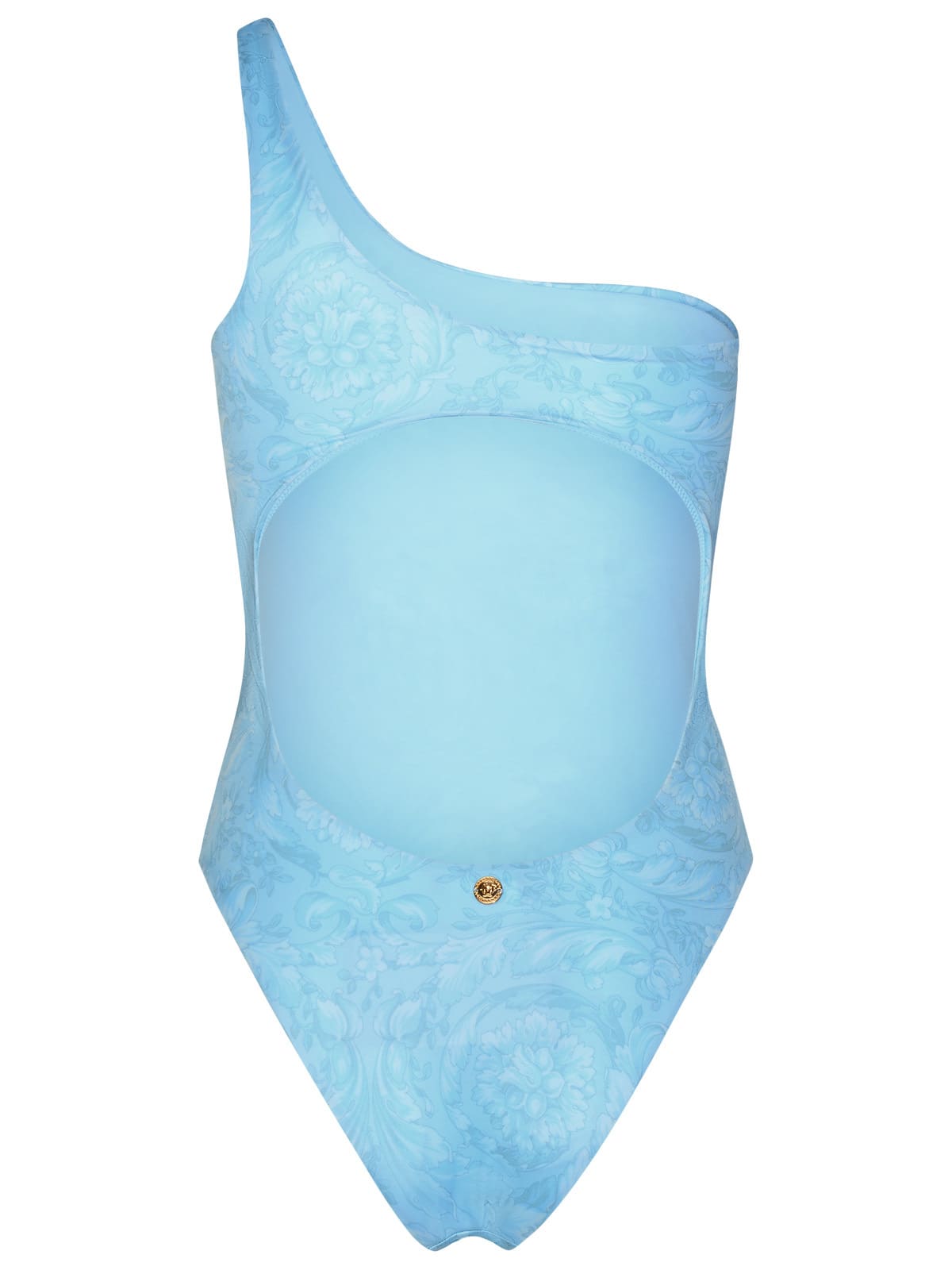 Shop Versace Asymmetric Barocco One-piece Swimsuit In Light Blue Polyester Blend In Pale Blue (light Blue)