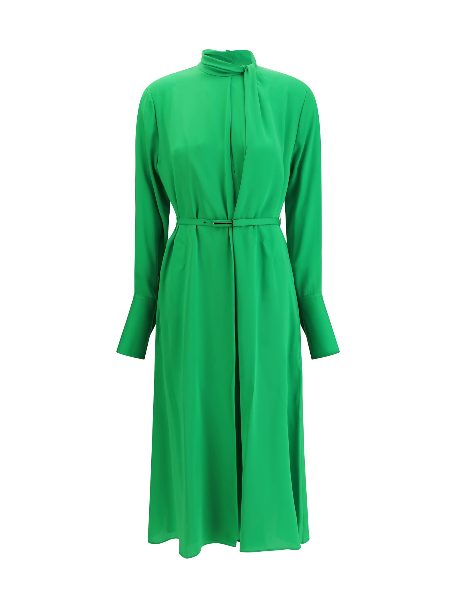 Tom Ford Washed Silk Georgette Long Sleeve Draped Collar Belted Dress With Cut-out In Green