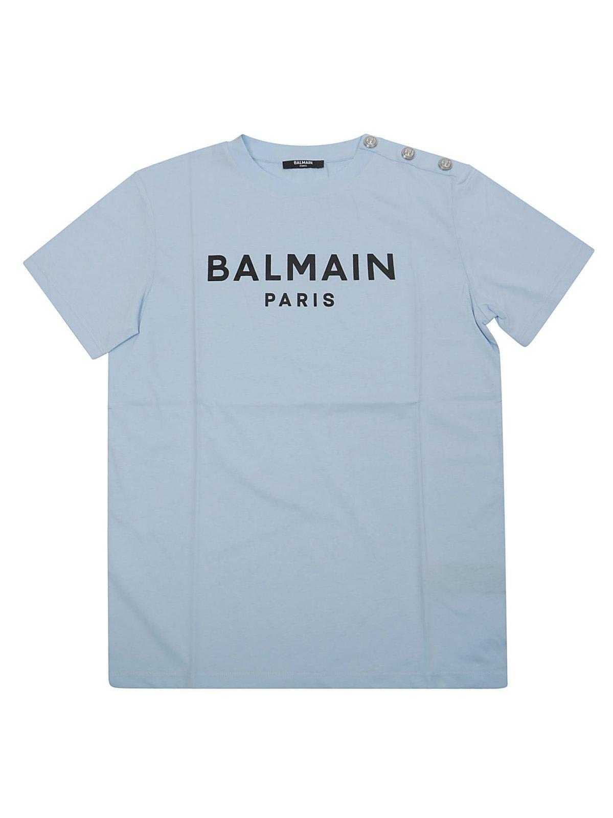 Shop Balmain Logo Printed Crewneck T-shirt In Azzurro