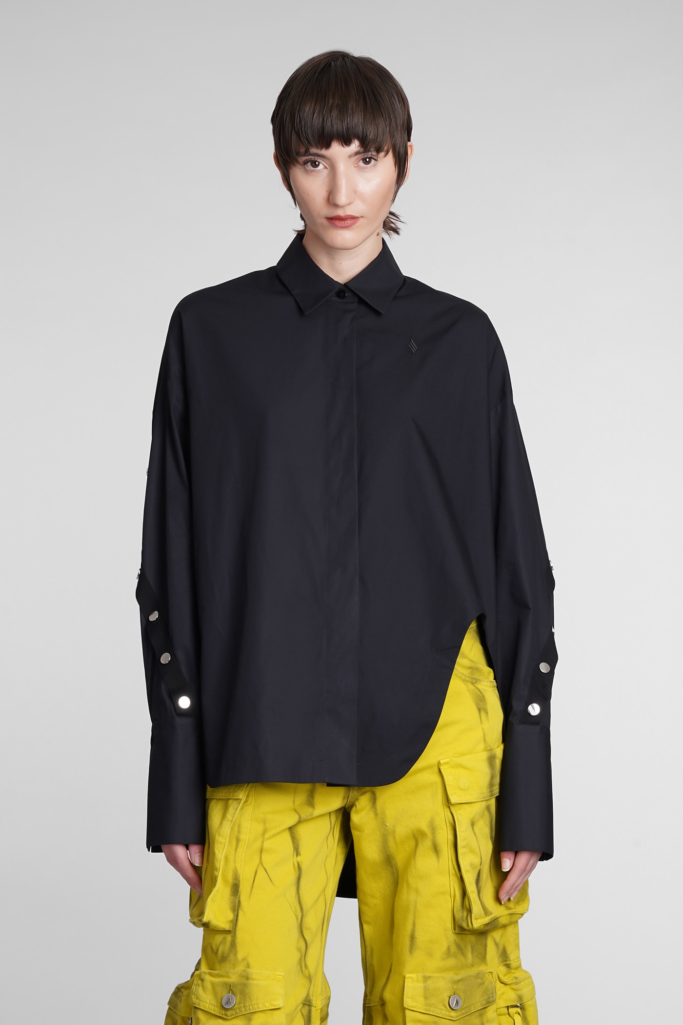 Attico Black Oversized Asymmetric Shirt With Studs In Cotton In Black