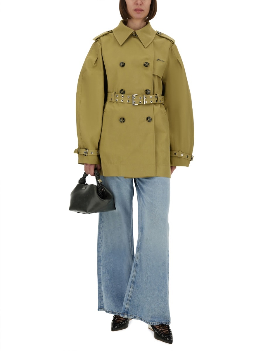 Ganni Double-breasted Belted Short Trench Coat In Multi