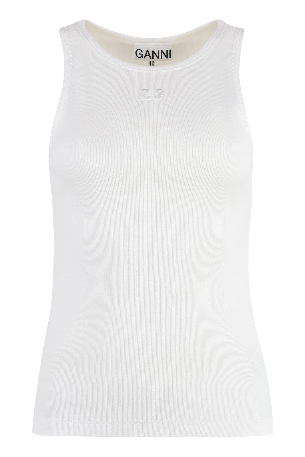 Shop Ganni Logo Fitted Tank Top In White