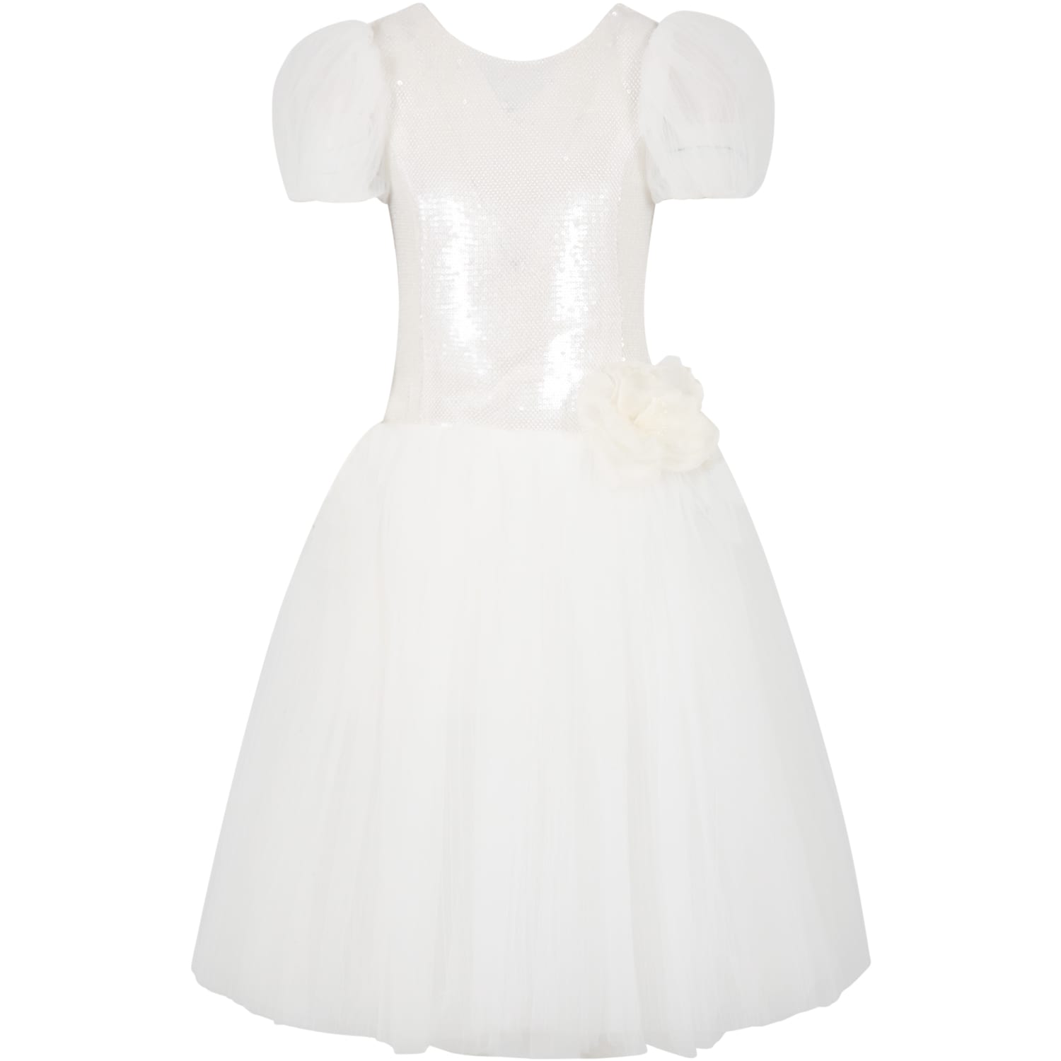 Monnalisa Kids' White Dress For Girl With Flowers