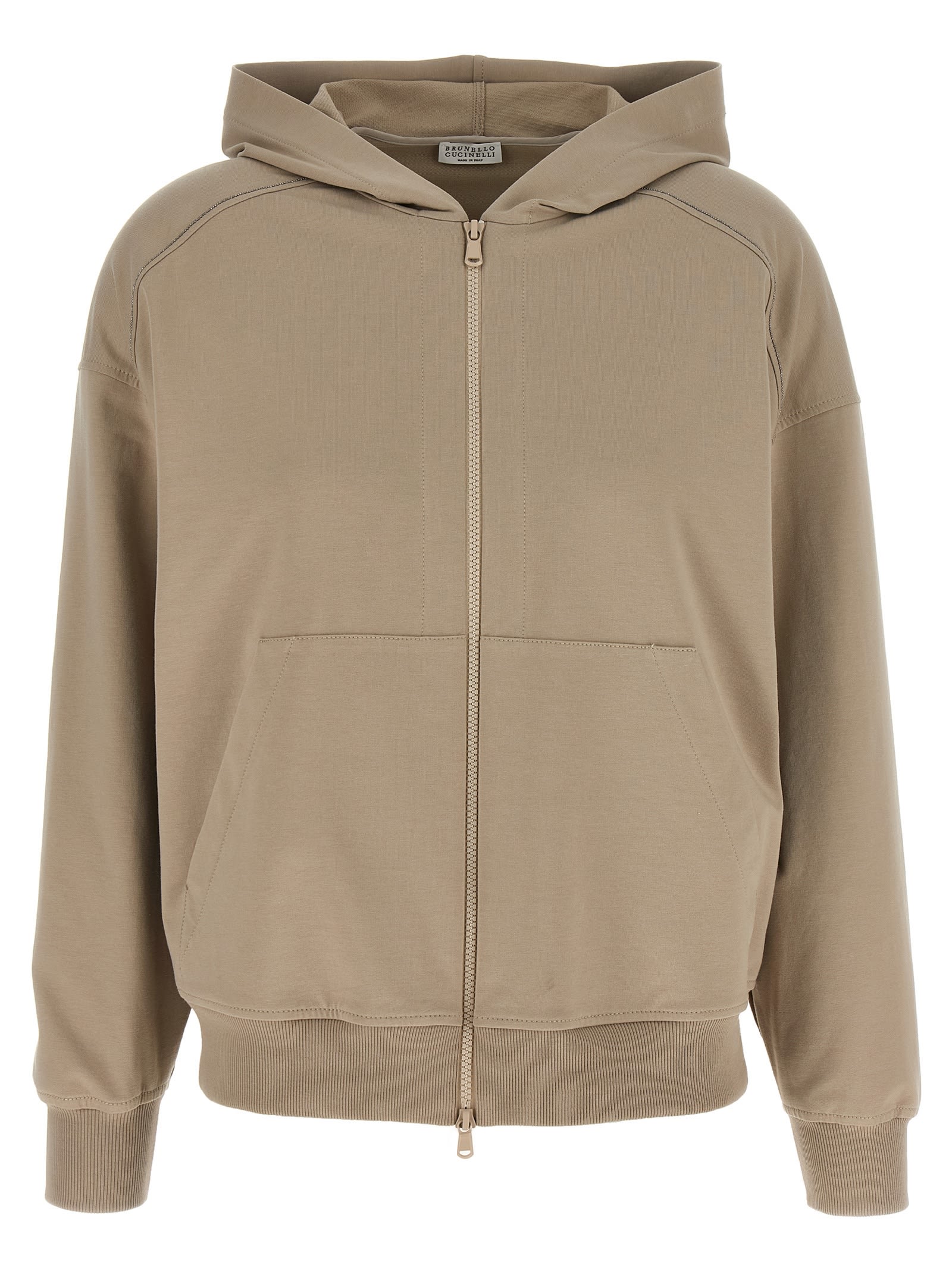 Brunello Cucinelli Hooded Kangaroo Pocket Top With Ribbed Cuffs In Brown