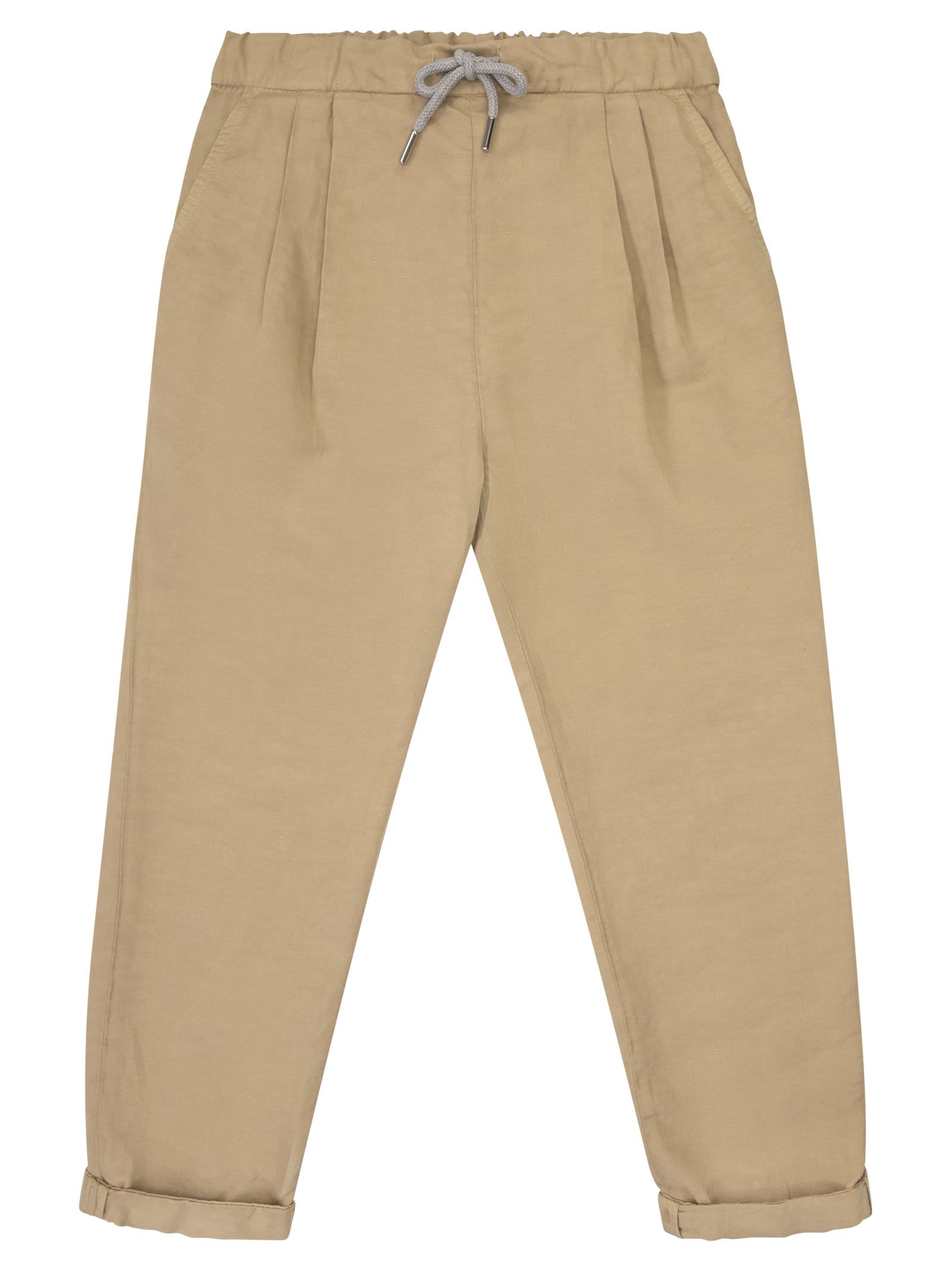 Brunello Cucinelli Kids' Garment Dyed Linen And Twisted Cotton Gabardine Trousers With Drawstring In Beige
