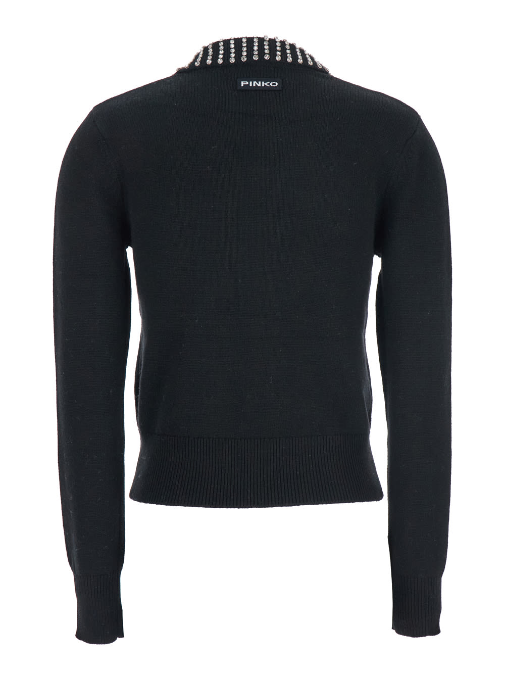 Pinko Classic Black Sweater With Embellished Collar And Ribbed Hem In Black