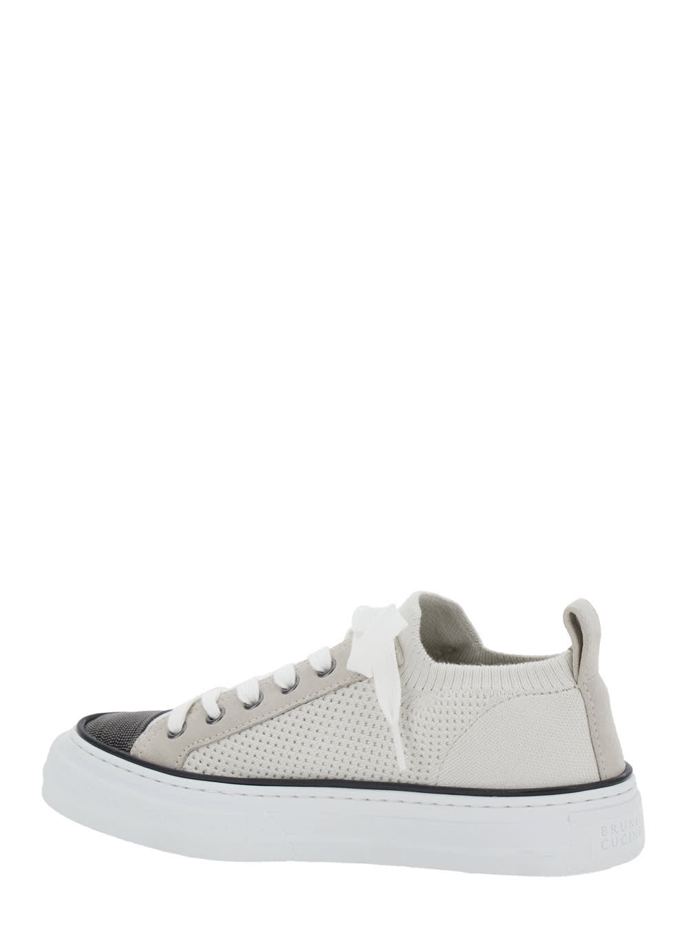 Brunello Cucinelli Low Top Sneaker With Tab On The Heel In Cotton Knit In White