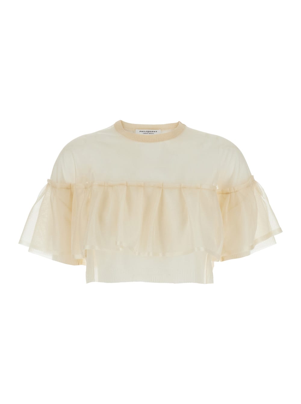 Beige Crewneck T-shirt With Ruffles In Tech Fabric Woman