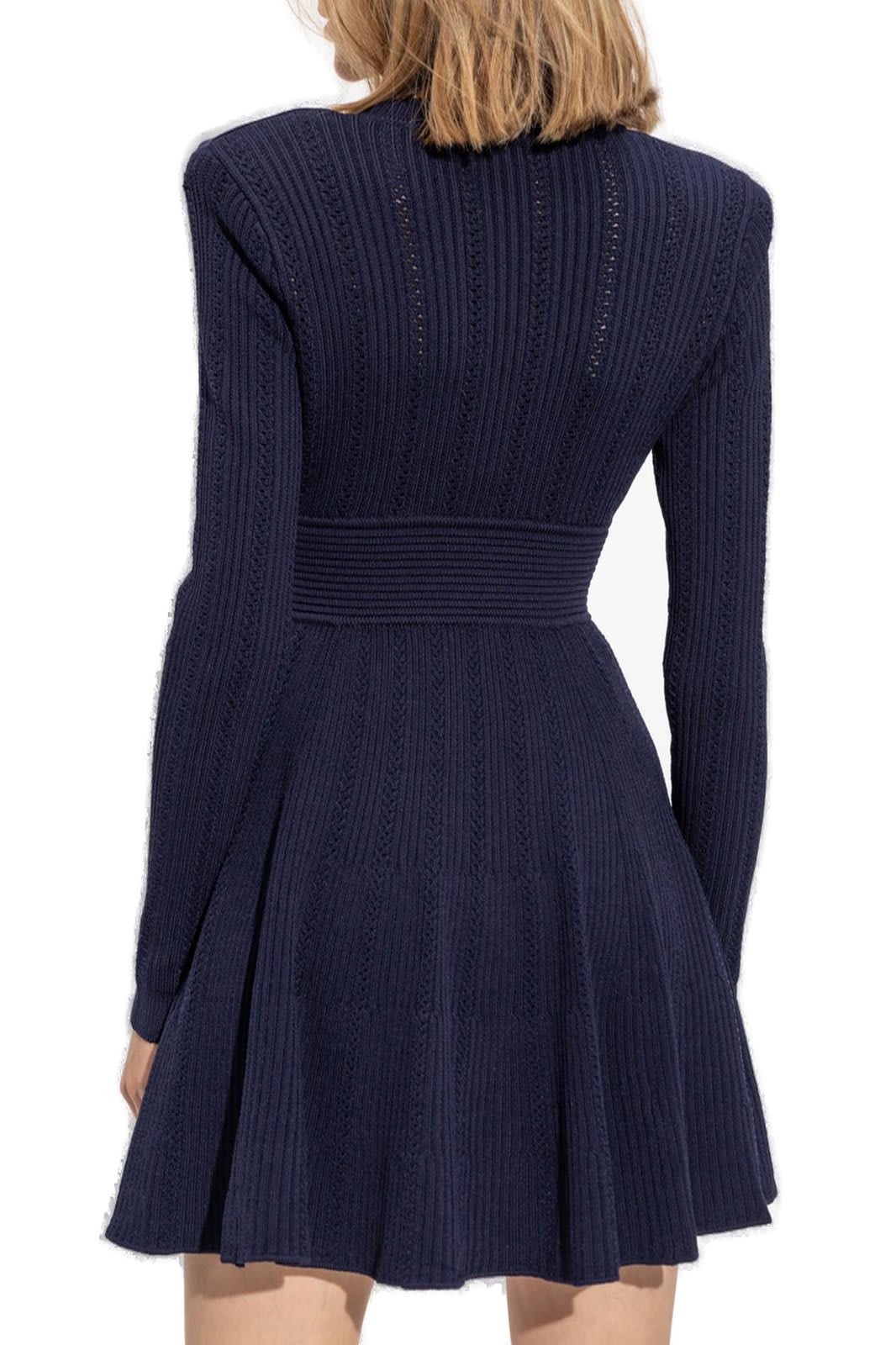 Shop Self-portrait Pointelle Knitted Mini Dress In Blu