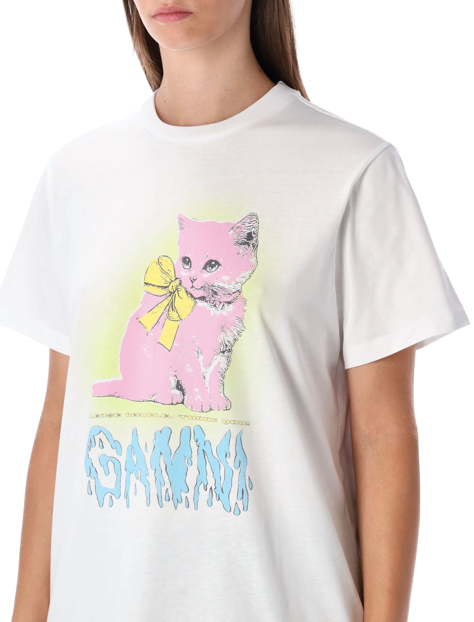Ganni Neon Kitty Bright White T-shirt In White