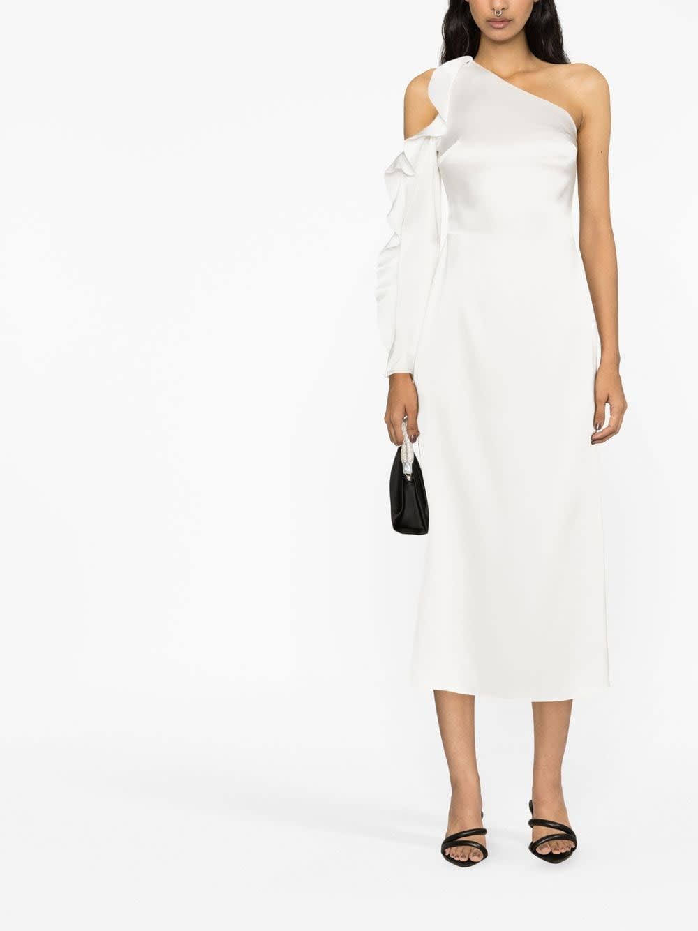 David Koma Ruffle Detail One Shoulder Midi Dress In White