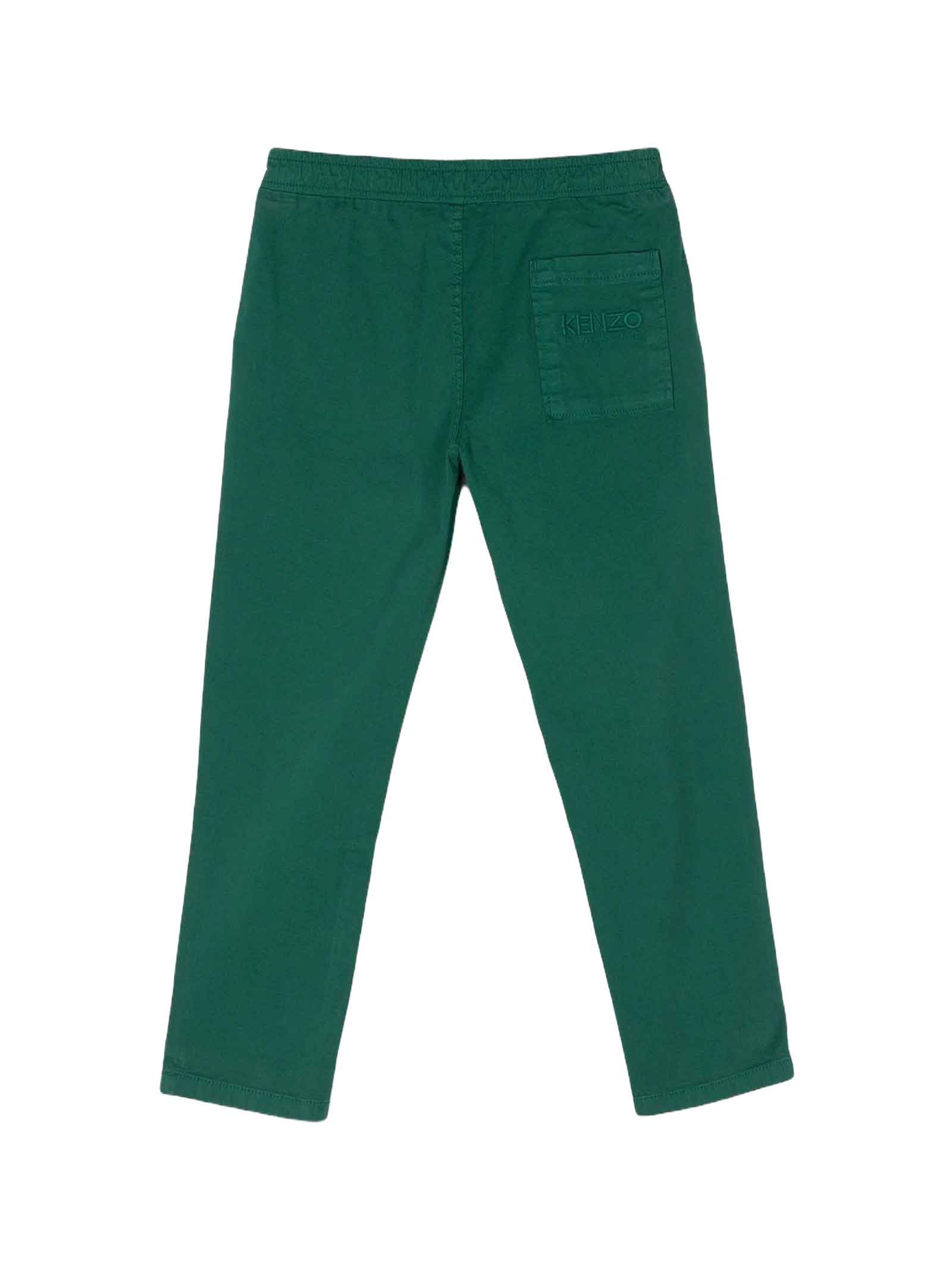 Kenzo Teen Boys Green Cotton Twill Pants In Verde
