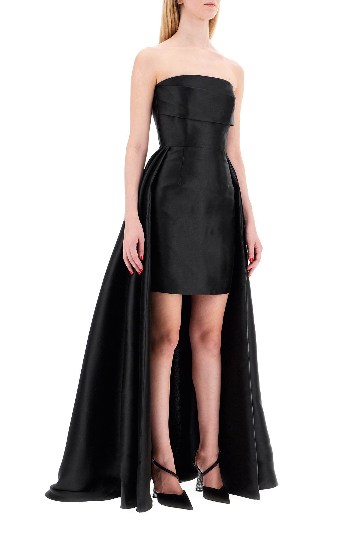 Solace London Strapless Trina Mini Dress With Maxi Draped In Black