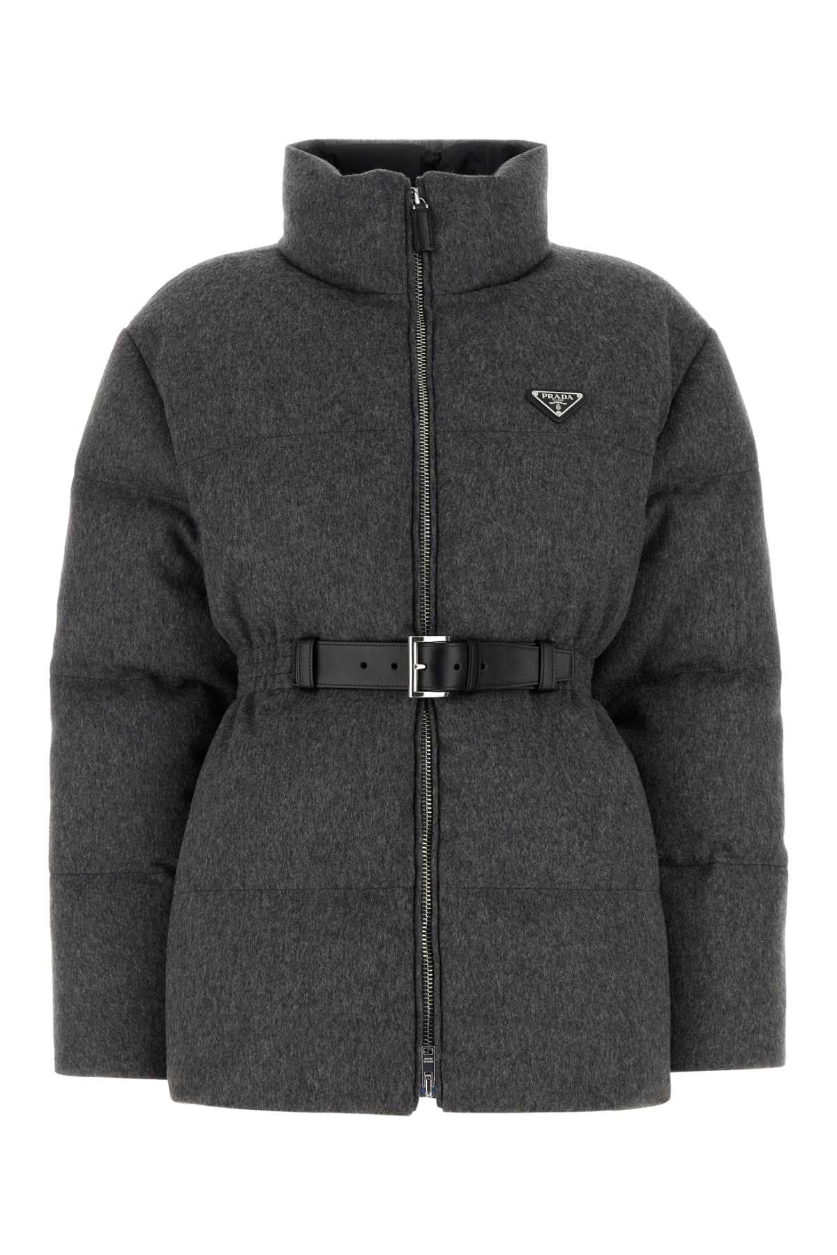 Prada Women Check Logo Down Jacket In Gray