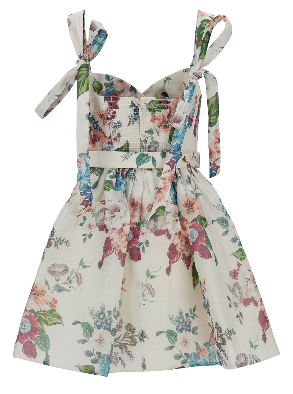 Shop Zimmermann Mini Multicolor Dress With Belt And Floreal Print In Linen And Silk Woman