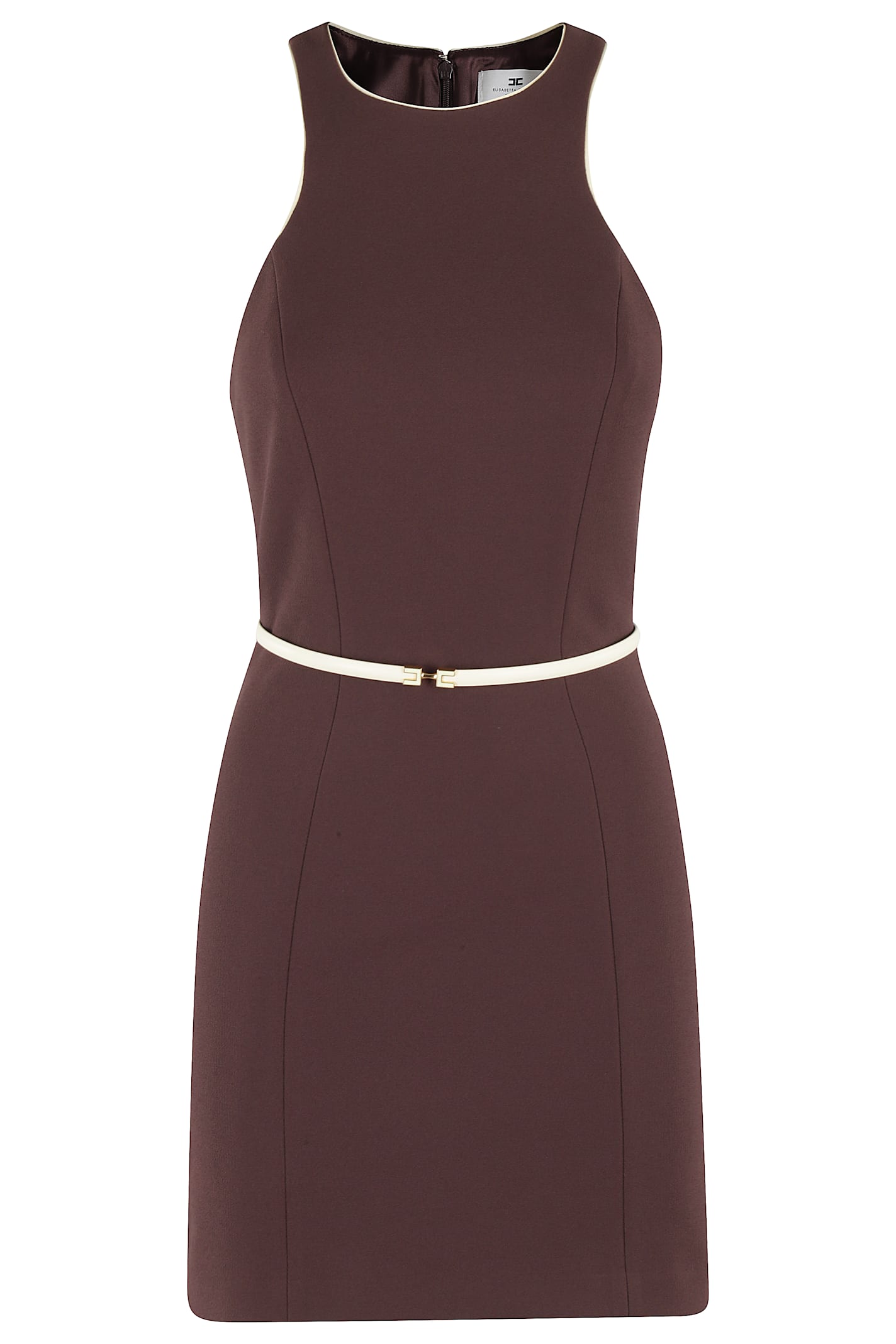 Elisabetta Franchi Mini Dress With High Neckline And Removable Belt In Cacao Lemonade