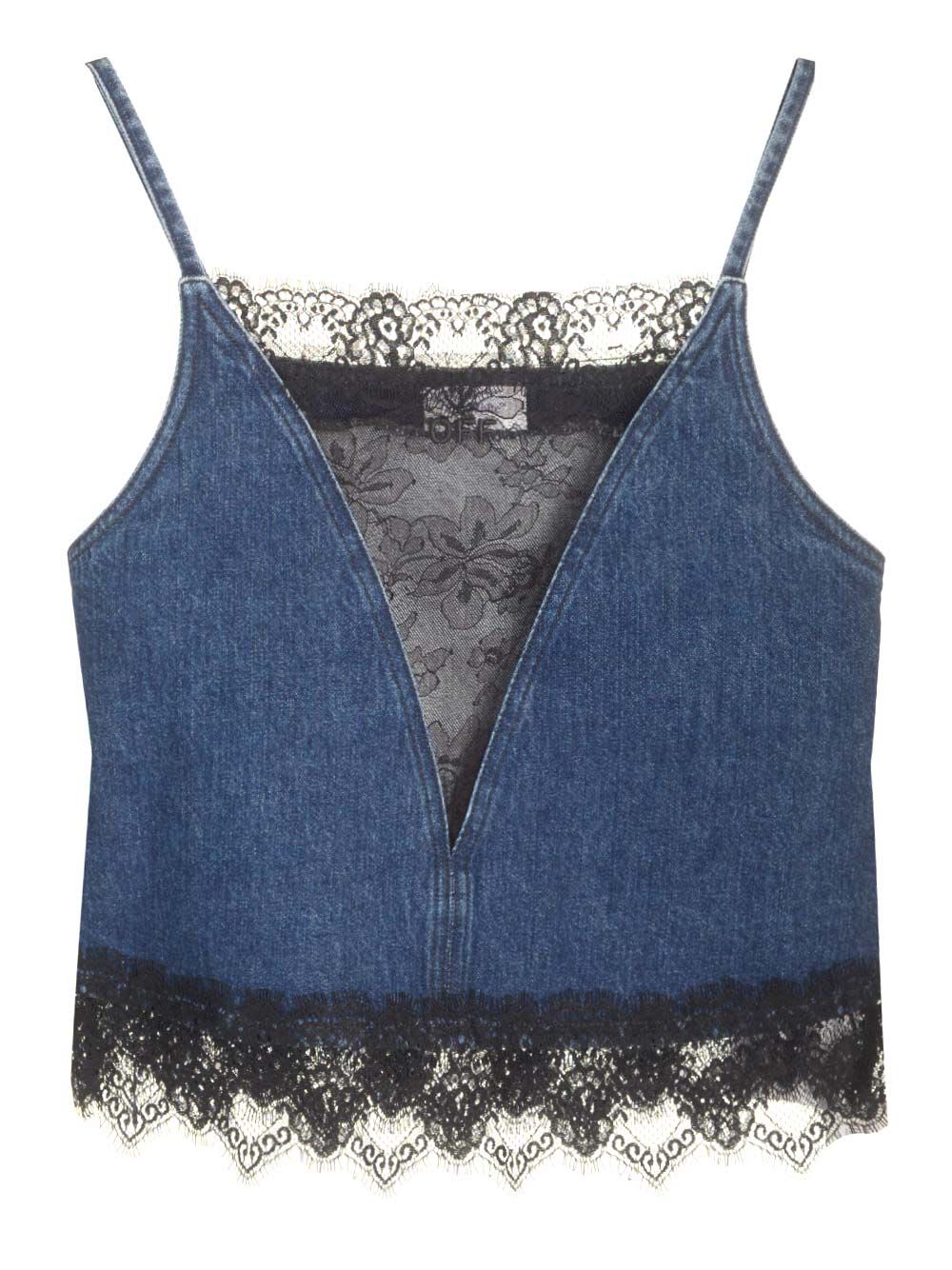 Shop Off-white Denim And Lace Top In Blue