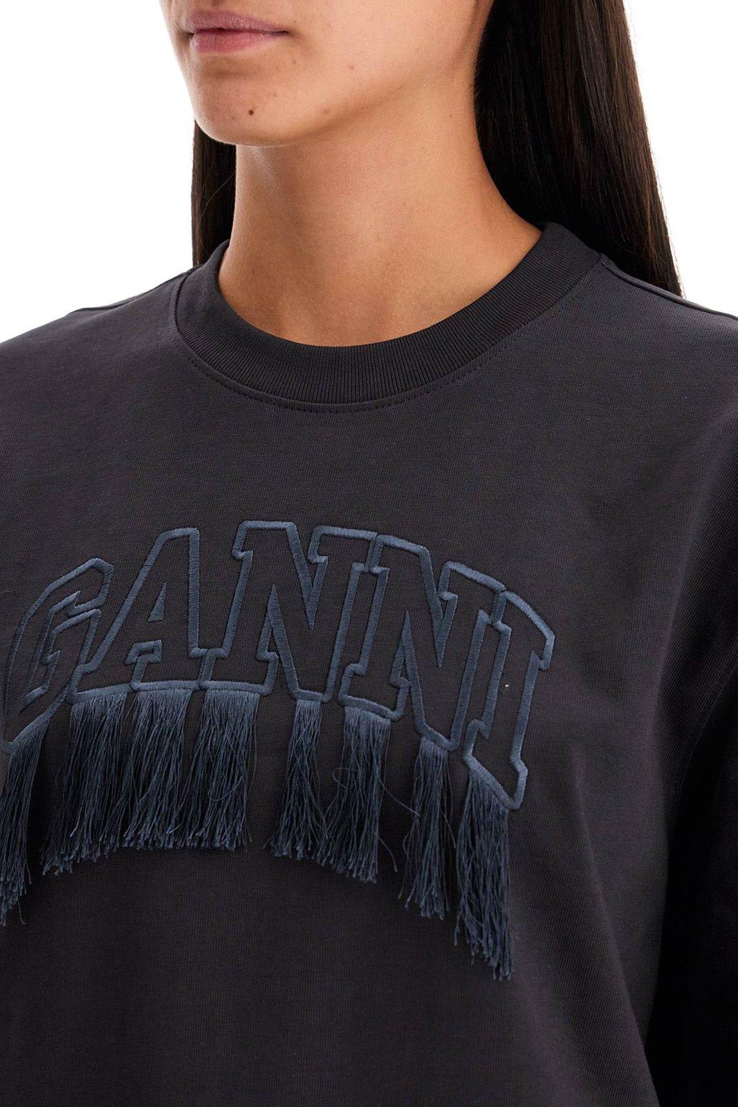 Shop Ganni Logo Embroidered Crewneck T-shirt In Black