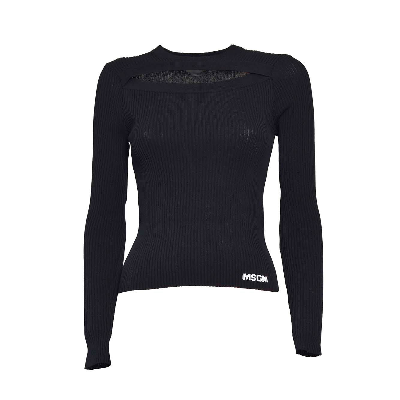 Shop Msgm Cut-out Ribbed-knit Crewneck Jumper In Nero