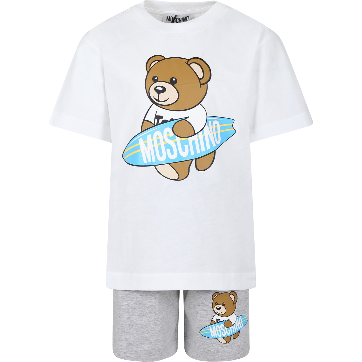 Shop Moschino White Suit For Boy With Teddy Bear And Surfboard