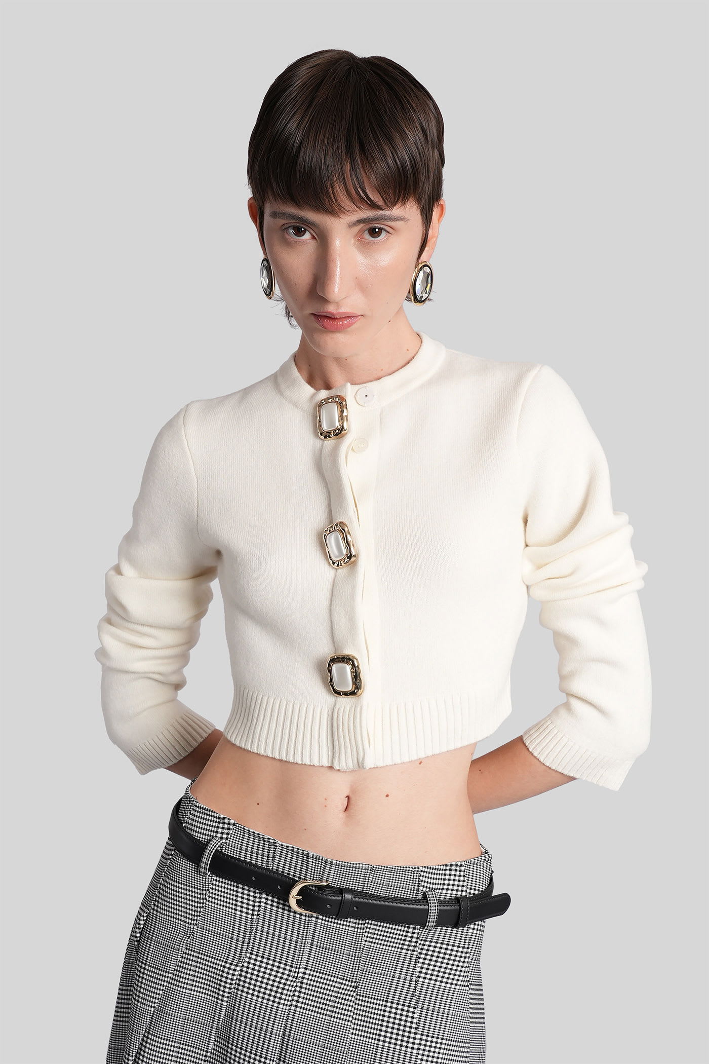 Self-portrait Cardigan In Beige Wool In Multi