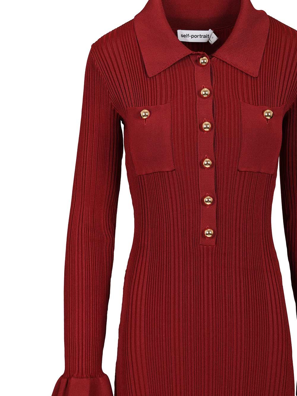Self-portrait Knee Length Dress With Flared Cuffs And Pockets In Burgundy